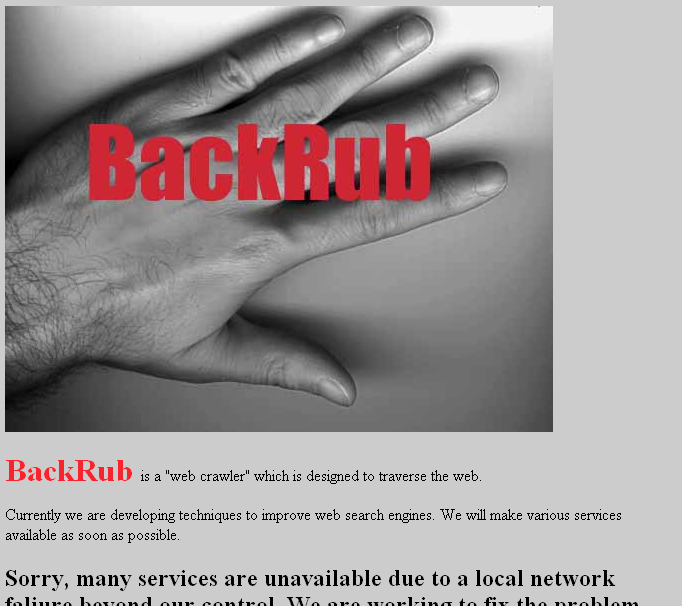 Backrub homepage (1996)/Source: <a href=http://blogoscoped.com>blogoscoped.com</a>